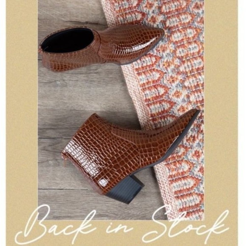 Chocolate Brown Croc Embossed Ankle Boots - Picture 2 of 6